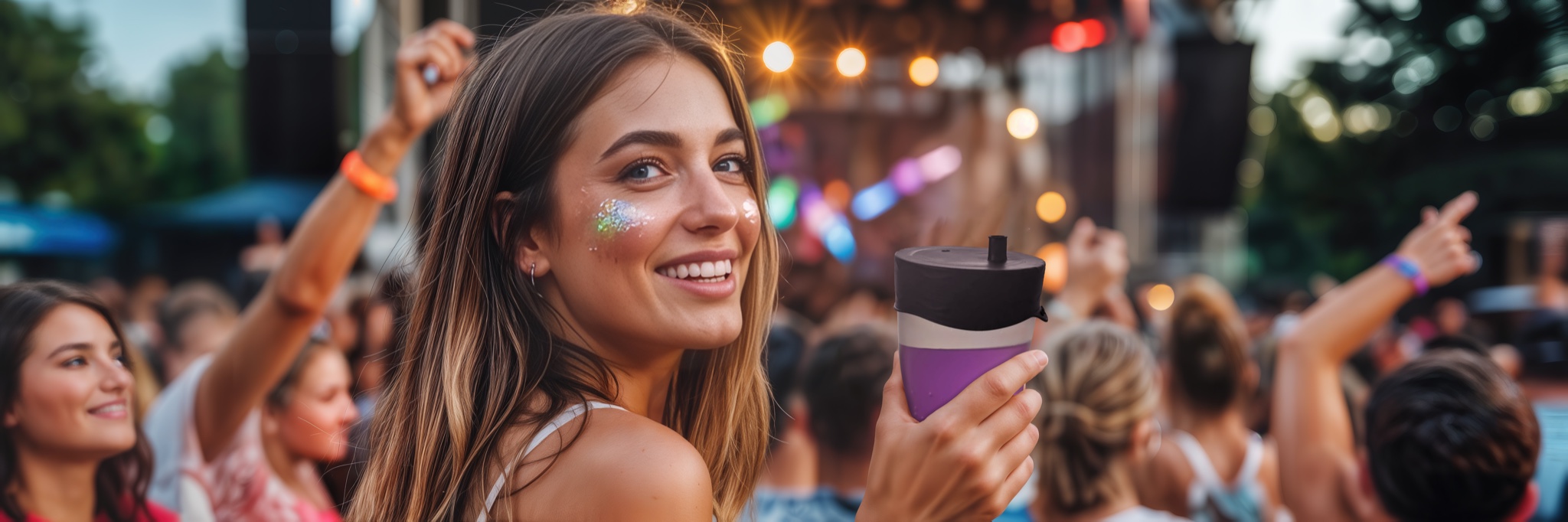 Jeune femme en festival tenant un verre protégé par une Capote Cupote