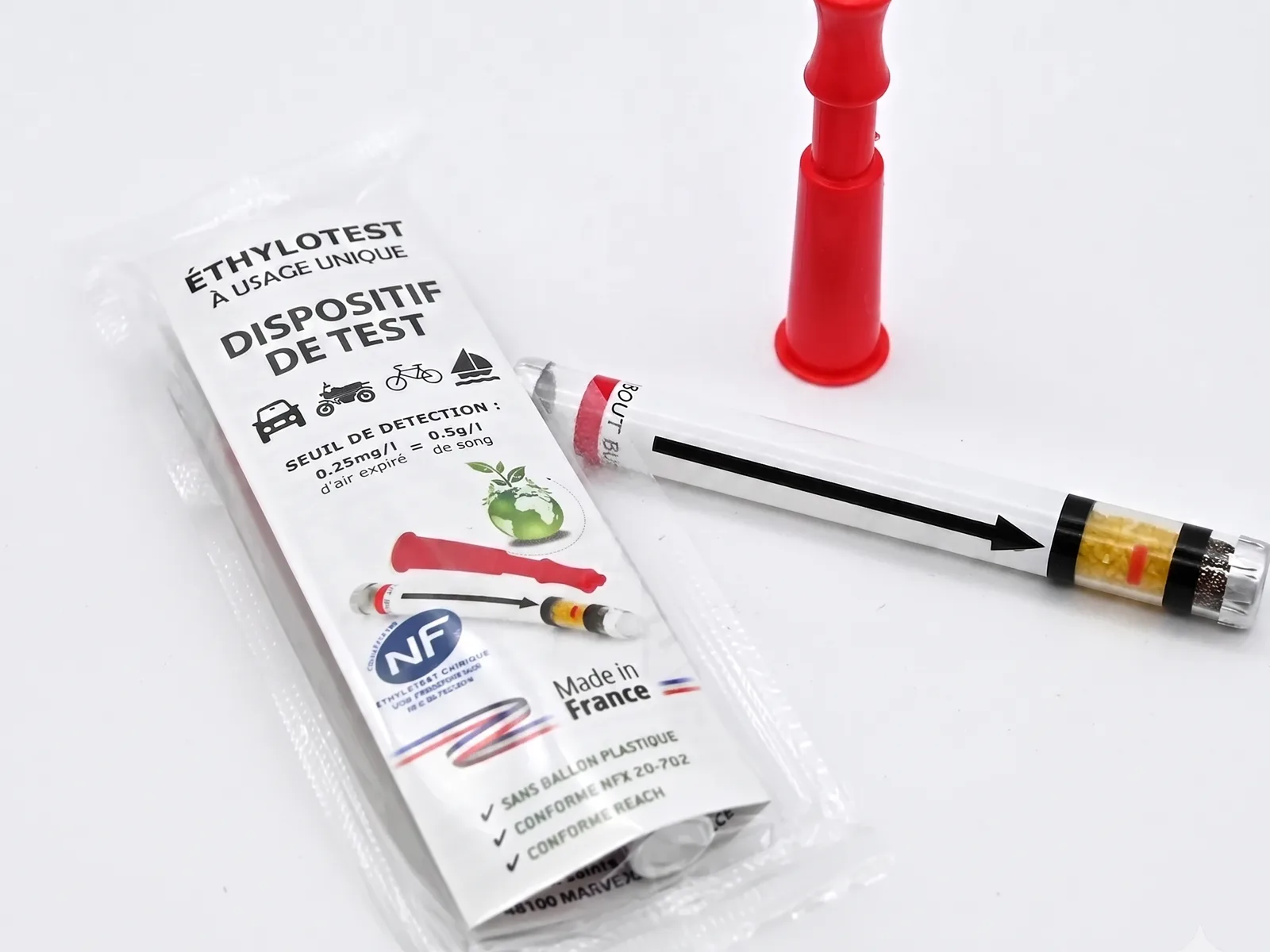 Éthylotest chimique sans ballon avec embout buccal et sachet individuel